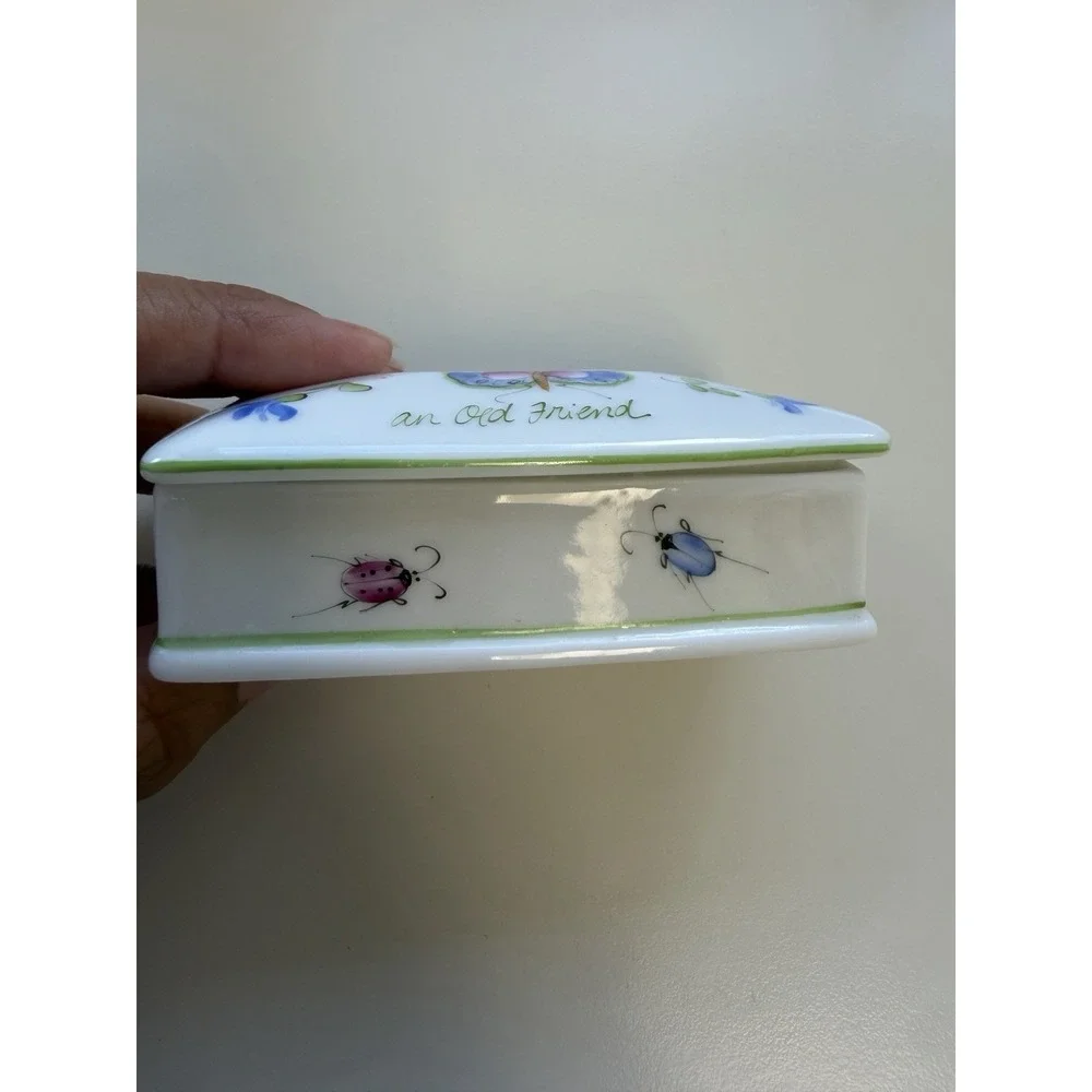Porcelain White Trinket Jewelry Mini Box Floral Butterfly Coquette Hand Painted